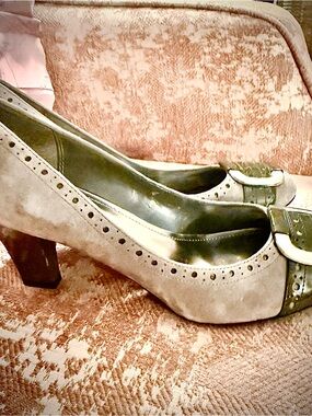 Franco Sarto Suede Pump w/Block Heels & Top Toe Buckle Detail